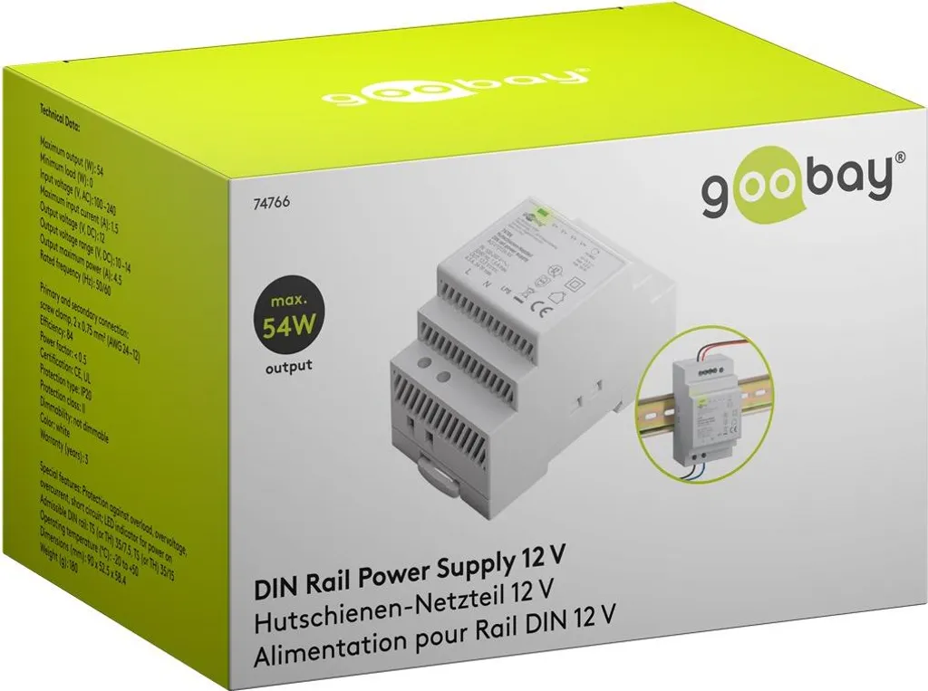 Bloc d'Alimentation 12V DC sur Rail DIN 54W pour Tableau Électrique