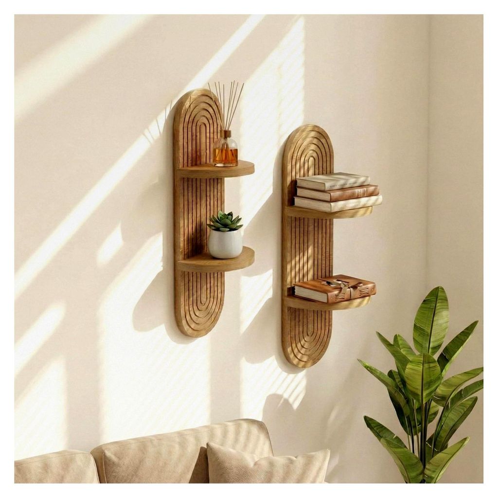 Wandregal Eiche & Wanddeko Holz - Ovales Wandboard Gerillt (70x20 cm) - Hängeregal für Wohnzimmer und Flur - Japandi Stil, Lamellenoptik (2er Set)