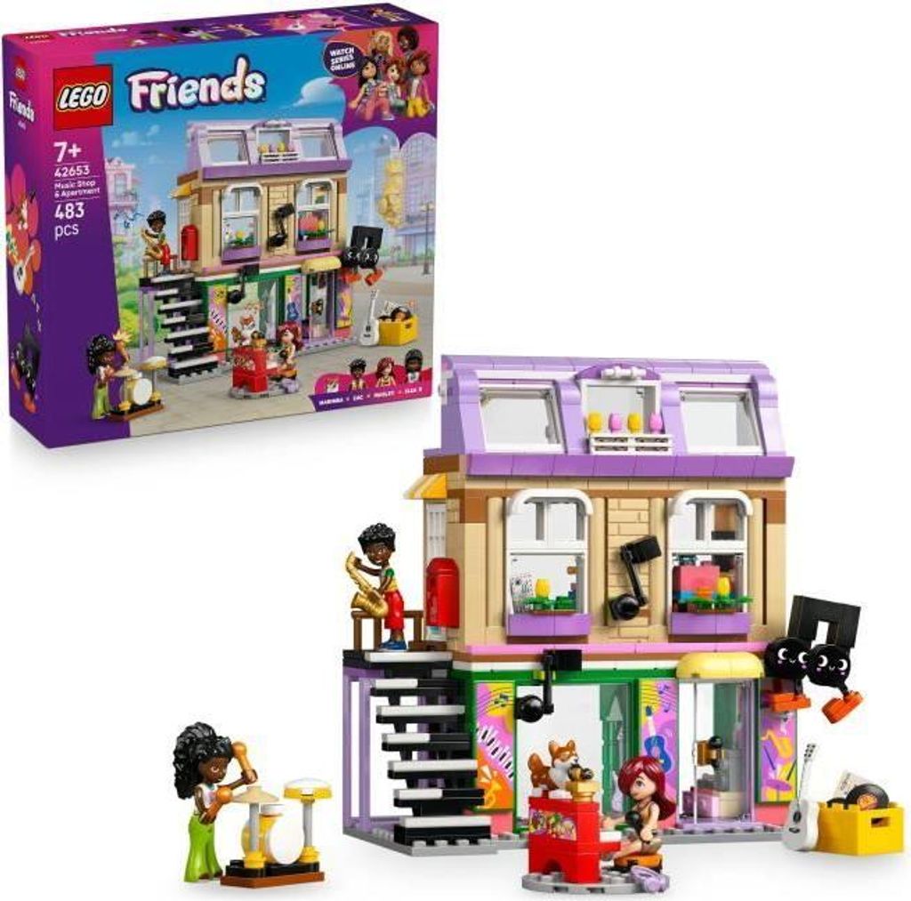 LEGO Friends Musikladen und Apartment 42653, 3 Mini-Puppen, Corgi, Bauset 7+ Jahre
