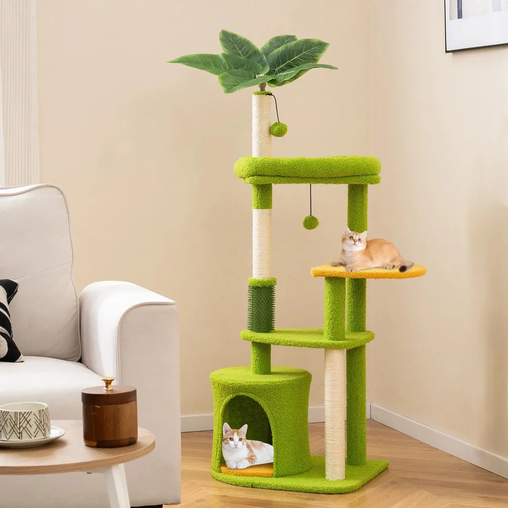 Arbre à chat design 4 niveaux avec griffoir sisal et feuillage vert