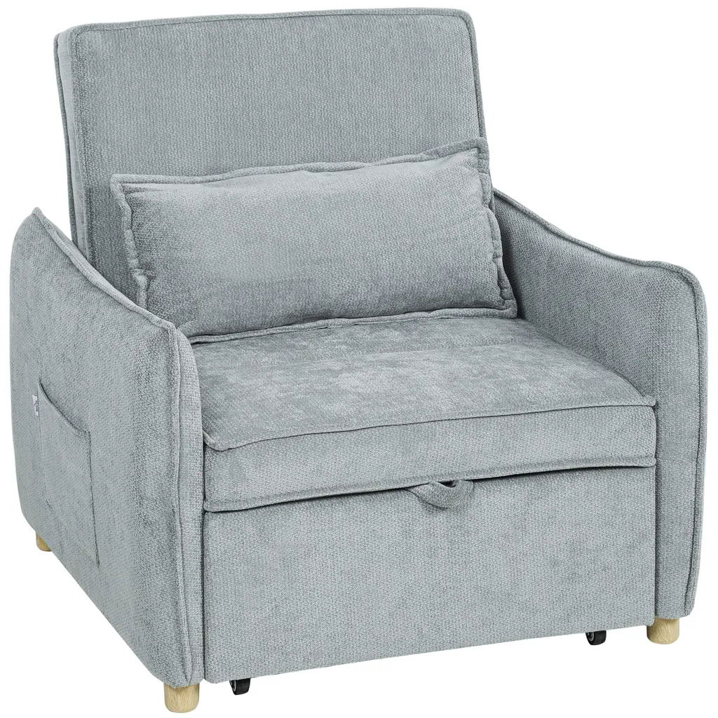 Chauffeuse convertible 1 place, fauteuil-lit en chenille grise douce - 12