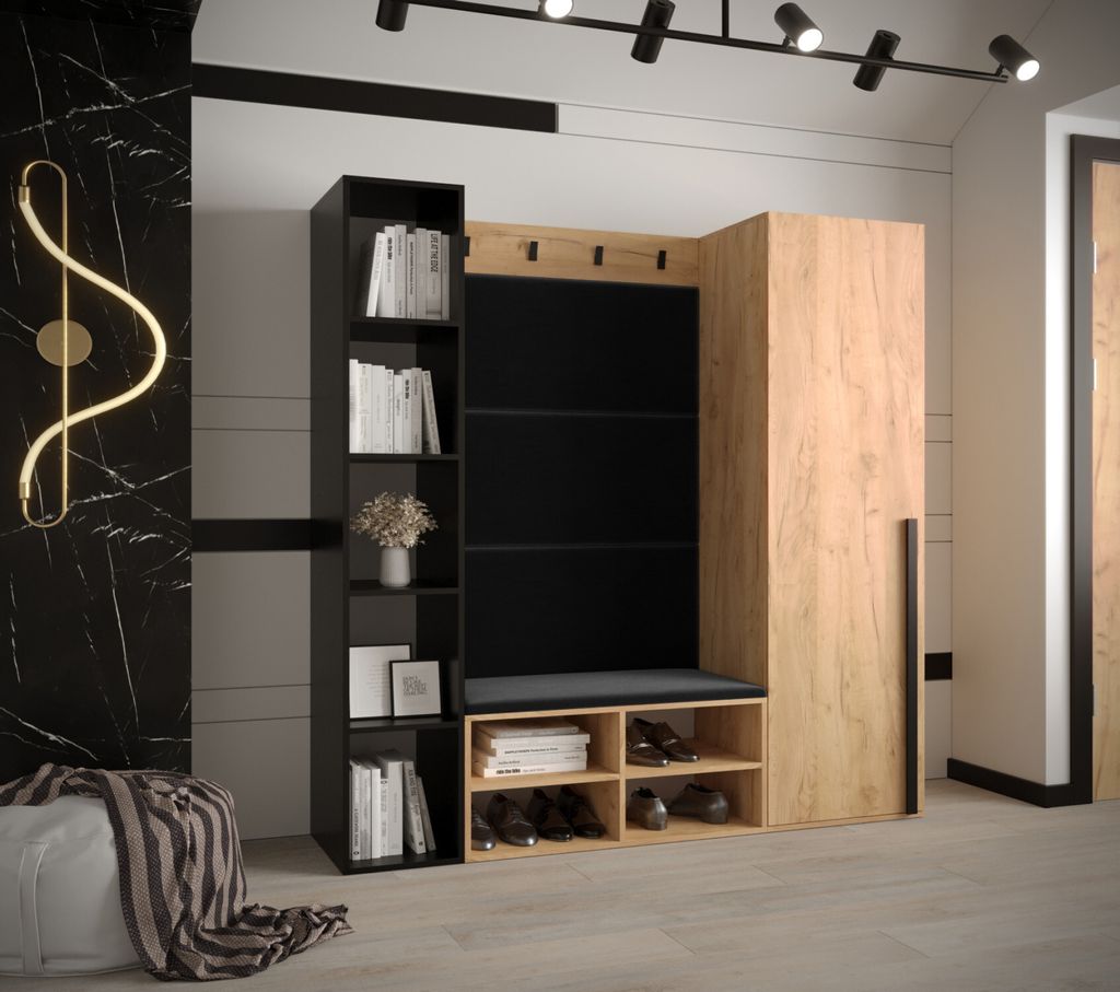 HARRISON Flurwand mit gepolsterten Paneelen – goldene Eiche, schwarze Paneele