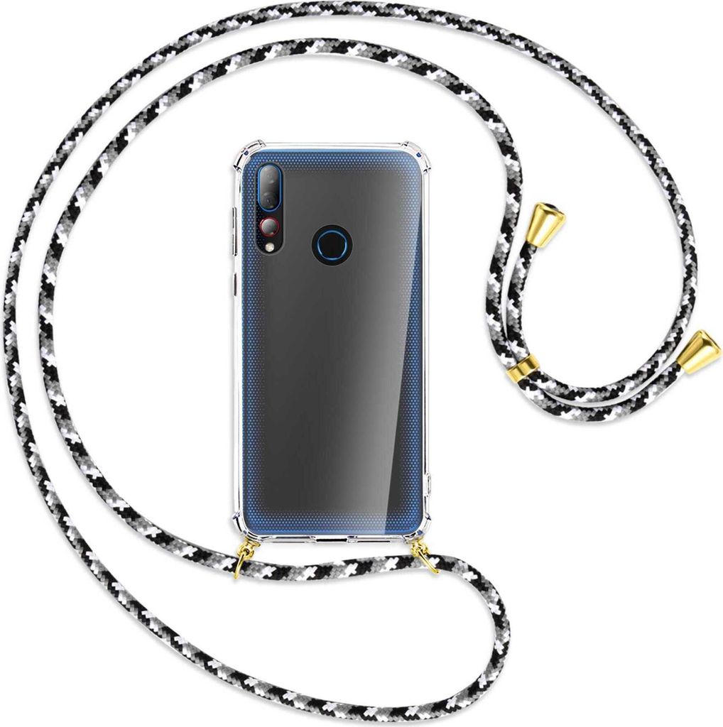 Handykette Backcover-Schutzhülle mit Band (Metall goldfarben) für HTC Desire 19 Plus / 19s - schwarz/grau/weiß