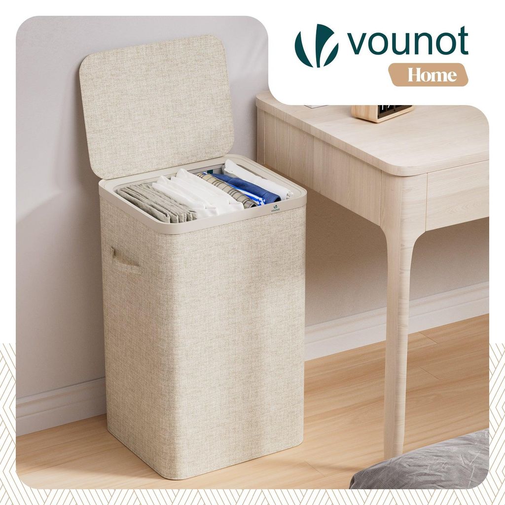 VOUNOT® Wäschekorb 90L, Wäschesammler mit Deckel Beige
