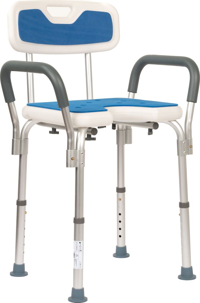Homecare Innovation Duschstuhl mit Rückenlehne und Armlehnen - Mit blauen, rutschfesten Kissen - Verstellbarer Duschhocker bis 136 kg