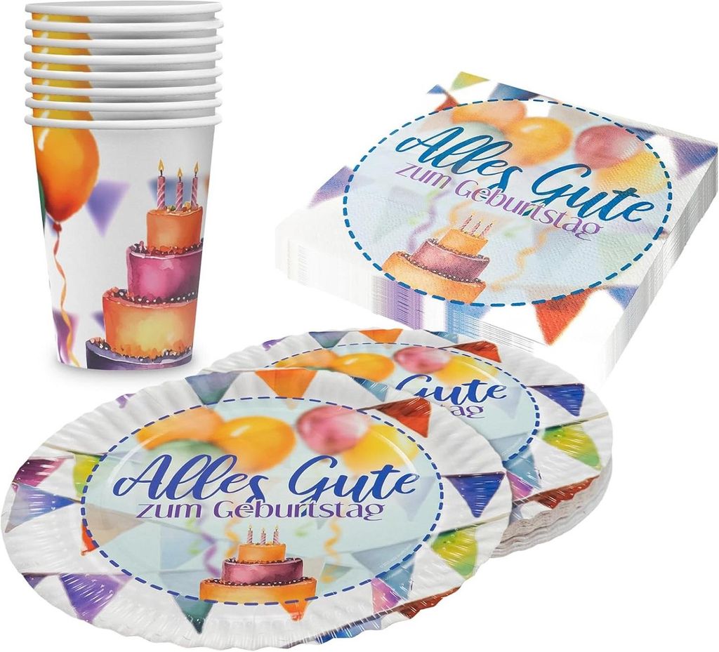 Happy Birthday Partyset Watercolor mit Tellern, Bechern, Produktbild 