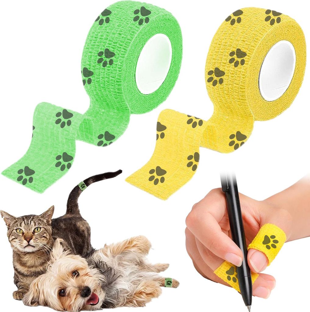 2 Rollen Vet Wrap, 2,5 cm x 4,5 m, Vlies-Vet-Wrap, selbsthaftender Verband, Verband mit farbigem Fußabdruckmuster, atmungsaktiver und dehnbarer Ve...