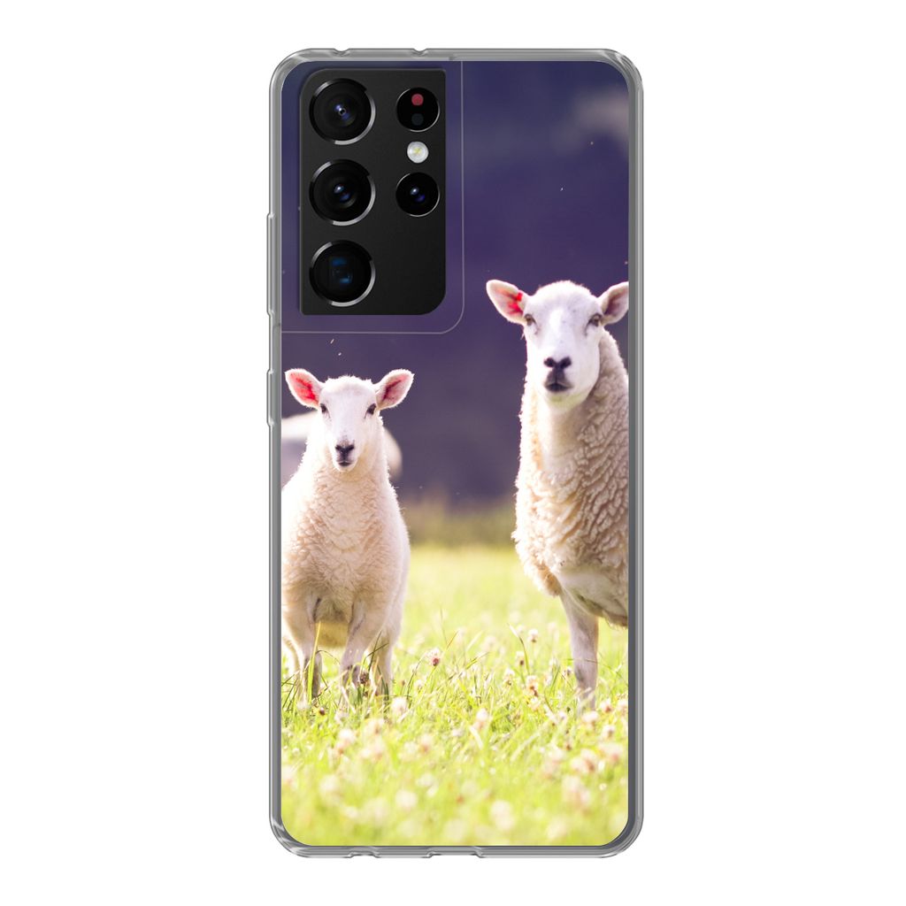 MuchoWow Handyhülle Schutzhülle Hülle für Samsung Galaxy S21 Ultra Schaf - Lamm - Blumen Silikon Softcase Handy Hülle - Mobiltelefon