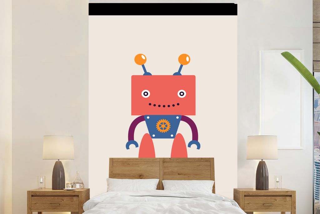 MuchoWow Fototapete für Wohnzimmer oder Schlafzimmer Wandtapete Vinyl Motivtapete Roboter - Getriebe - Gesicht - Antenne - Kinder - Jungen - 160...