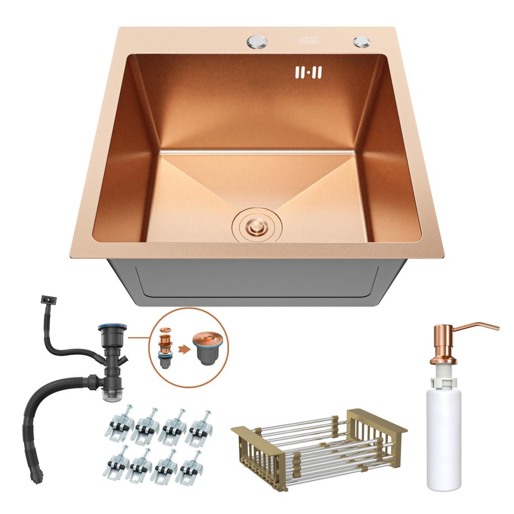 ANW HOME Küchenspüle Roségold 50x50 cm Edelstahl 304 Nano PVD Einbauspüle 1 Becken mit Seifenspender, Siphon und Abtropfkorb