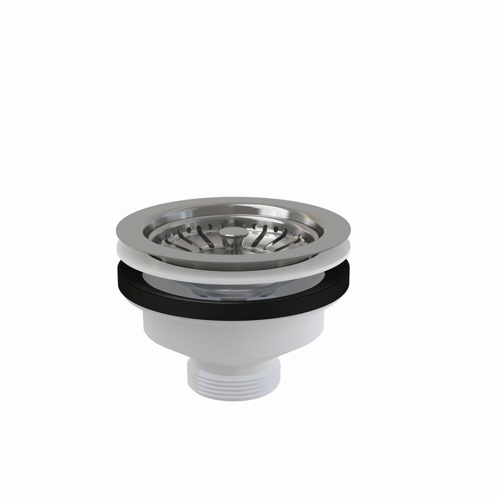 A sink drain assembly with a stainless steel strainer and plastic body, shown against a white background.