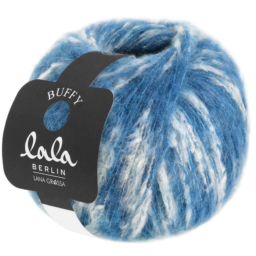 A ball of yarn with a product tag attached.