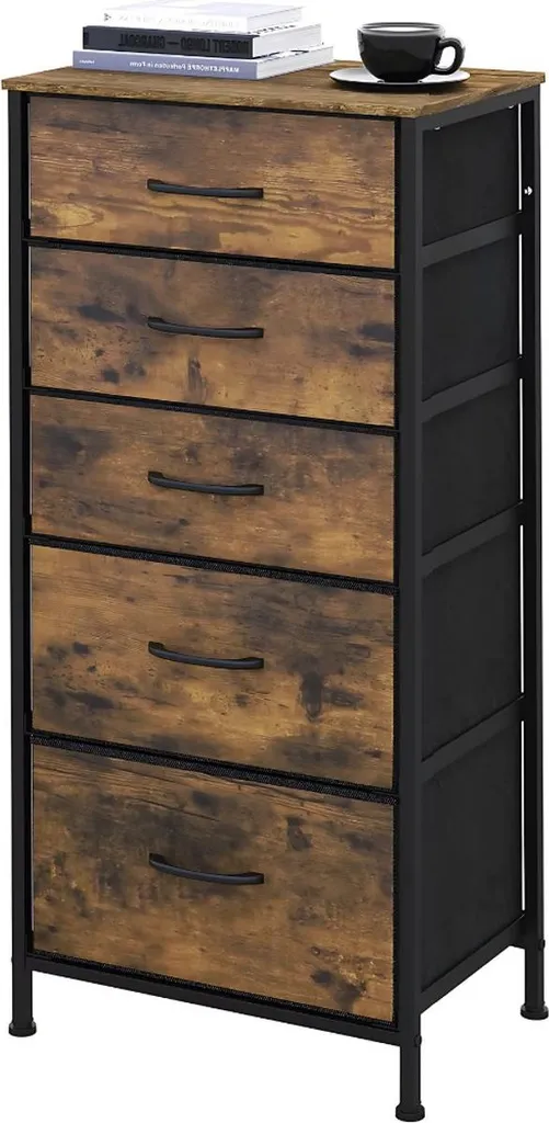 Cassettiera Happiq con 5 cassetti in tessuto - Design industriale rustico - Struttura in acciaio - Marrone vintage - 45,5 × 95,5 × 30 cm