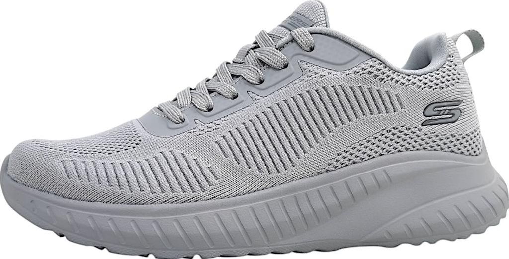A single gray Skechers Bobs Sport Squad Chaos women's training shoe is shown from a side view against a white background.