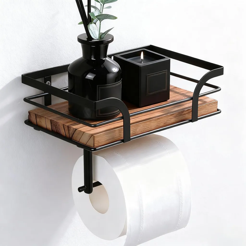 Support papier toilette avec tablette smartphone bois et noir sans trou