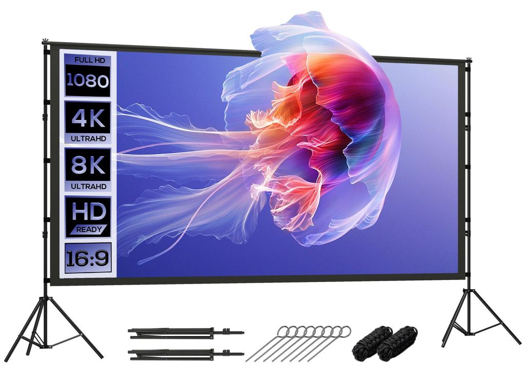 Beamer Leinwand 120" 263 x 148 cm 16:9 HD 4K/8K Projektionsleinwand mit Klappbar Stativ, 160 Grad Betrachtungswinkel, Tragbare Doppelseitige Leinwa...