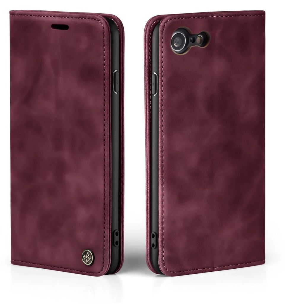 A burgundy flip case for a smartphone is shown from two angles.