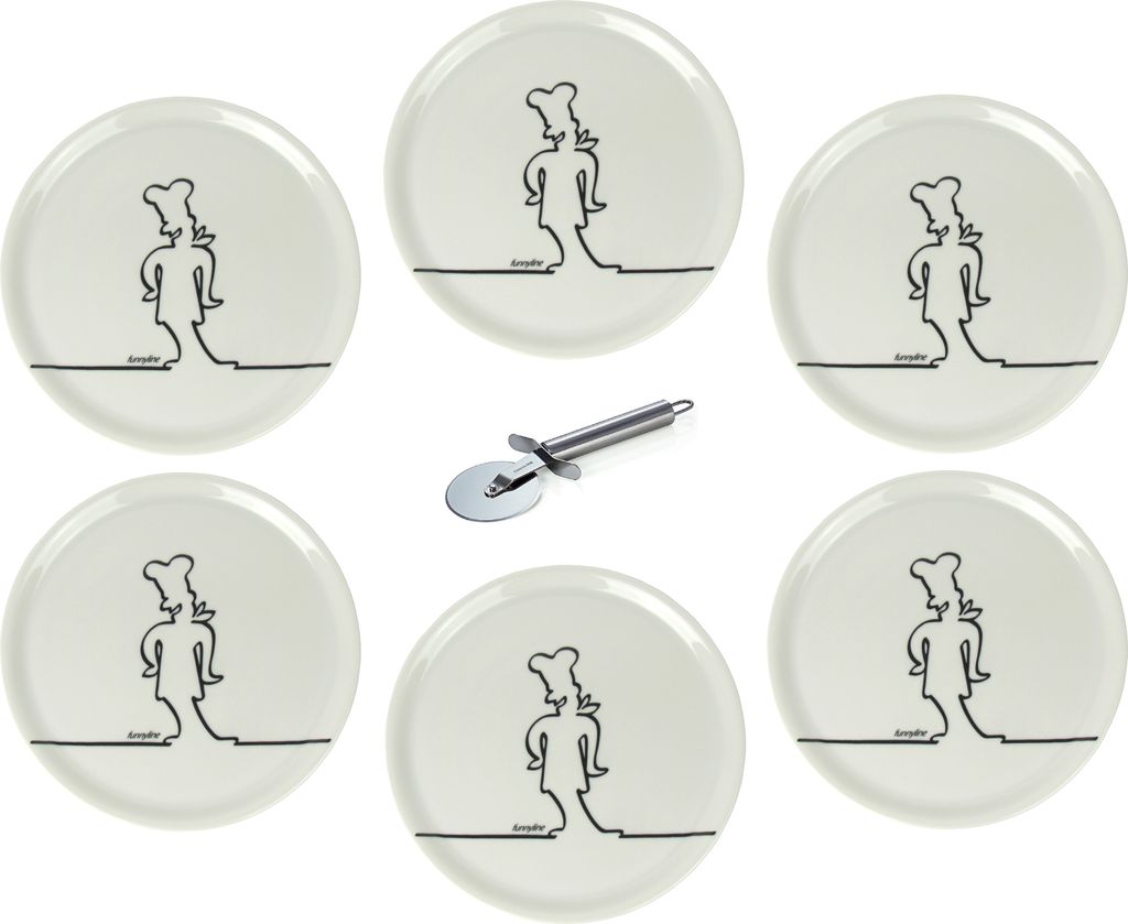 6er Set Saturnia Pizzateller Ø31cm aus Porzellan mit lustigem Koch-Motiv inkl. Pizzaschneider