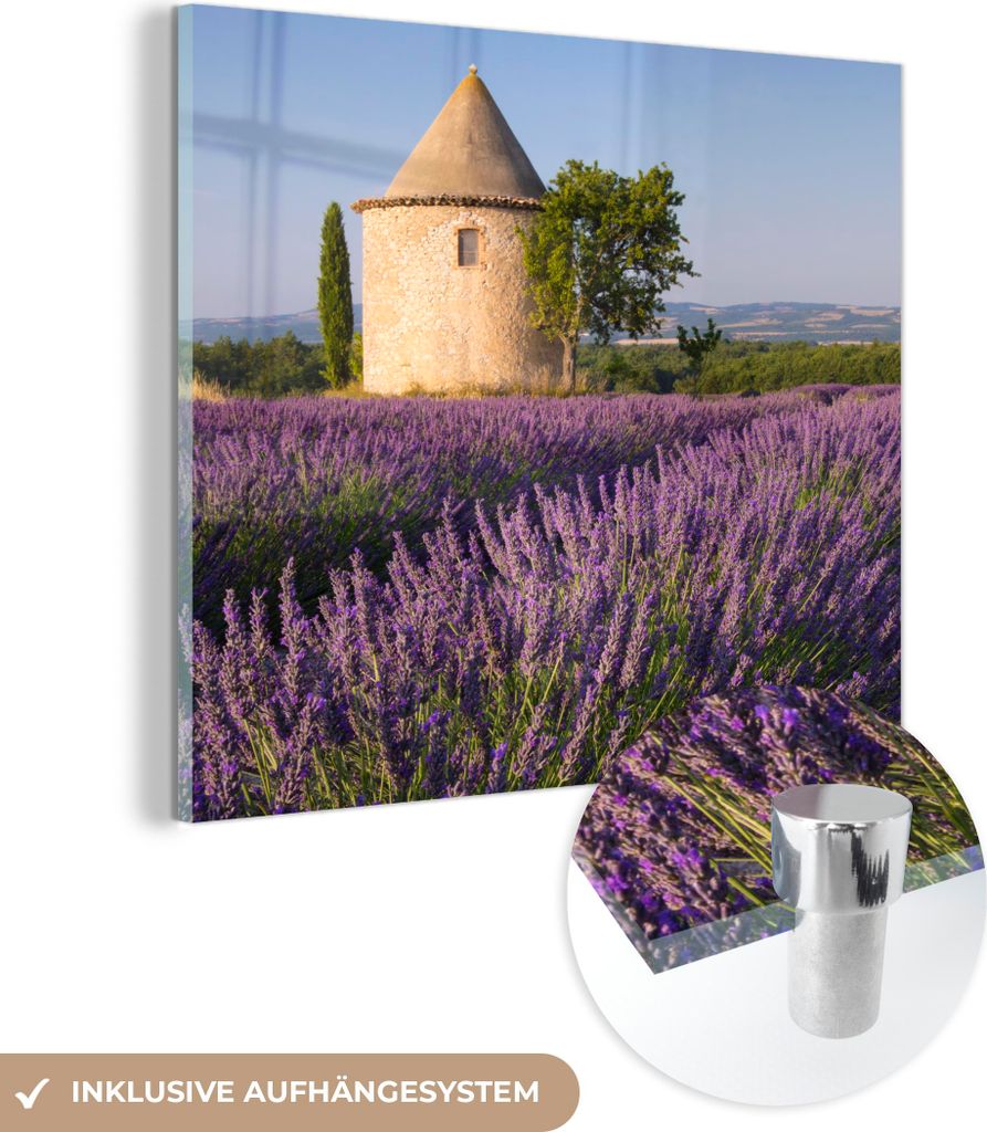 MuchoWow Glasbilder - Bilder auf Wandbild - Foto auf Glas Runder Turm auf einem Lavendelfeld in Frankreich 50x50 cm Wanddekoration aus Glas - Acryl...