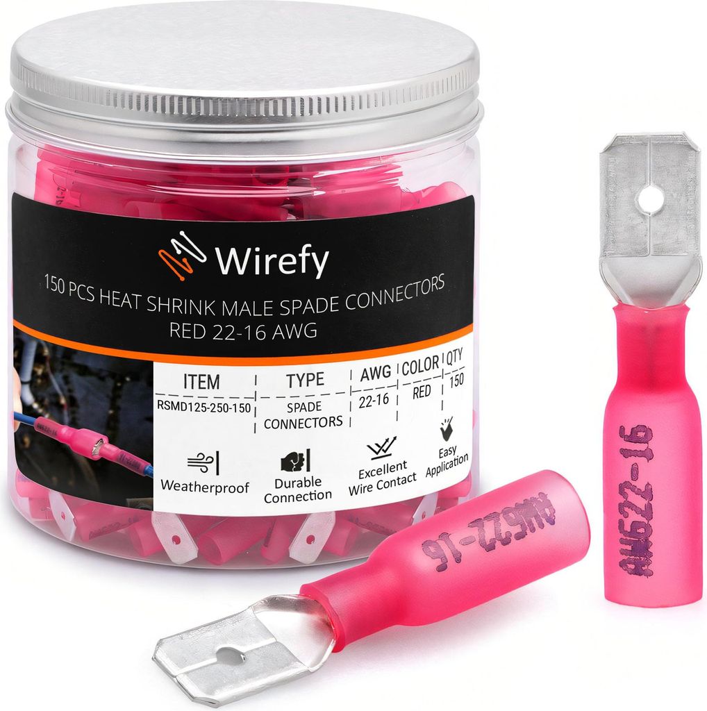 Wirefy Rote Schrumpfverbinder Flachstecker Isoliert - Kabelschuhe Männliche Flachstecker Sortiment - Quetschverbinder Kfz - 0,5-1,5 mm² - 150 Stück