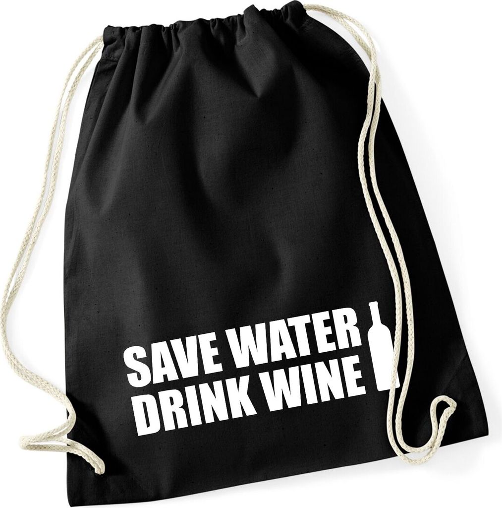 Huuraa Turnbeutel Save Water Drink Wine Weinflasche 12 Liter Black Baumwolle Rucksack Geschenkidee