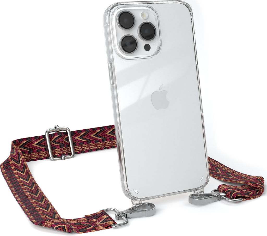 EAZY CASE Handykette - Verstellbarer Trageriemen kompatibel mit Apple iPhone 14 Pro Max, Handykordel mit transparenter Silikon-Hülle, Band in Rot