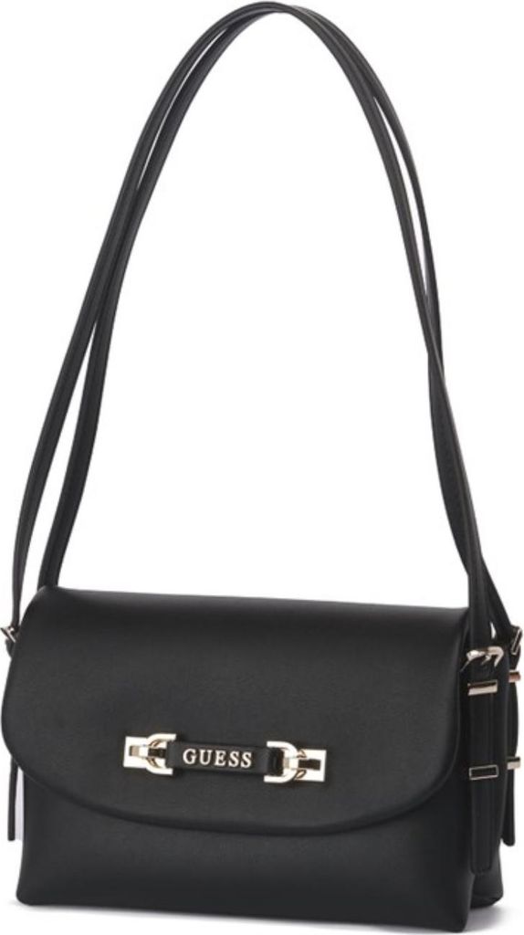 A black Guess shoulder bag is shown against a white background.