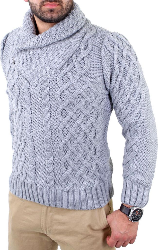 Reslad Herren Zipper Schalkragen Strickpullover Winter Pullover RS-3201 Grau M