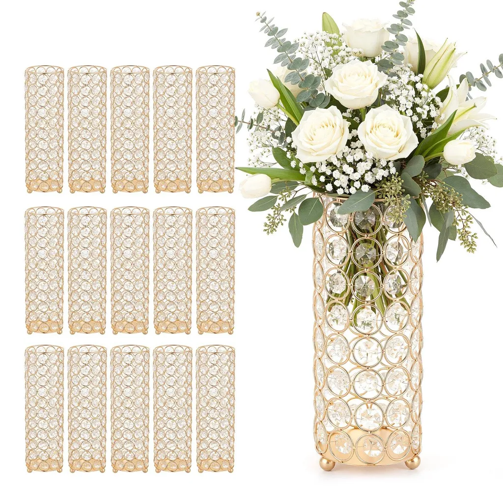 Vase de table de mariage en cristal avec support doré - Lot de 16 pcs