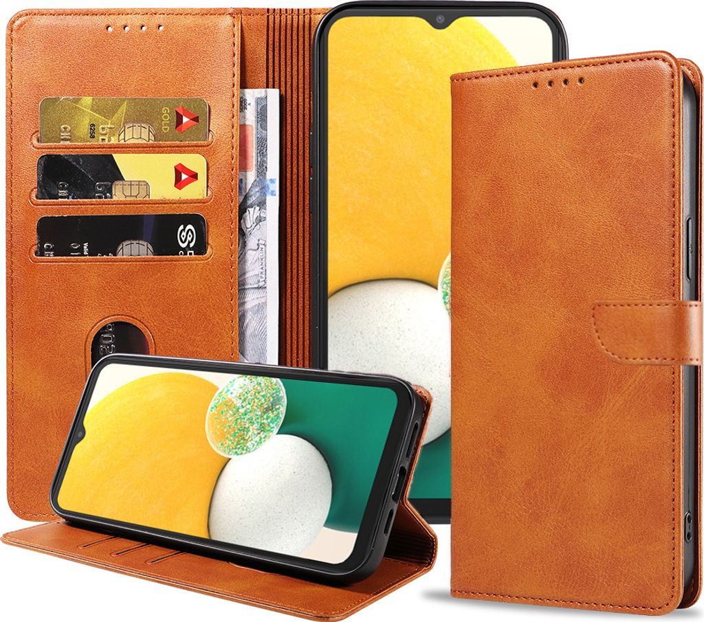 Geschikt voor Samsung Galaxy A13 5G Telefoonhoesje Kunstleer met Magnetisch lipje en Pasjeshouder Book Case met Klepje - Bruin - Smartphonica