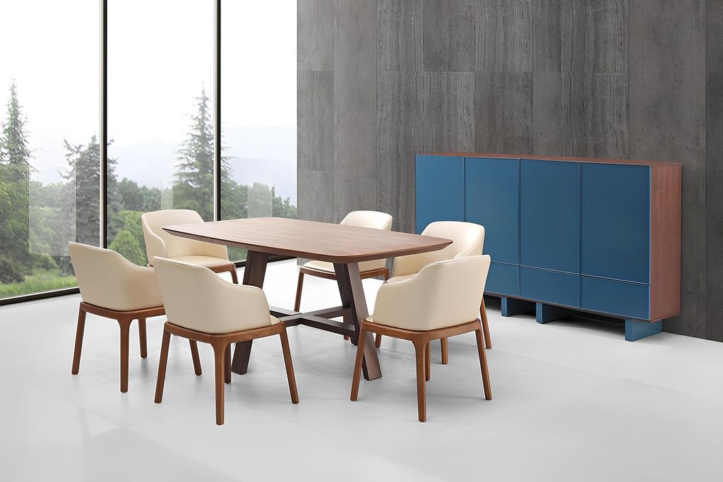 Ess Tisch + 6 Luxus Leder Sessel Stühle Lehn Stuhl Designer Holz Tische Polster