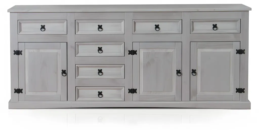 Grand meuble de rangement New Mexico gris en pin massif 7 tiroirs