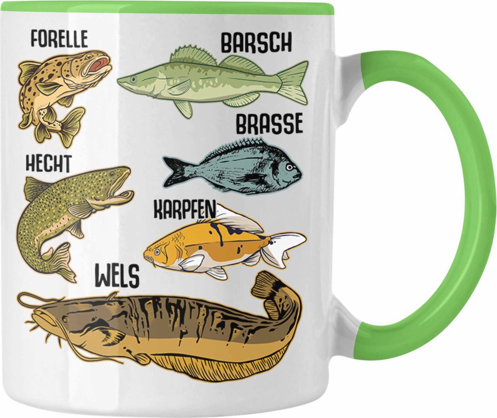 Trendation - Angler Fischer Tasse mit Fischarten Geschenk Raubfische Hobbyangler Hecht Forelle Barsch Angeln Kaffeetasse (Grün)