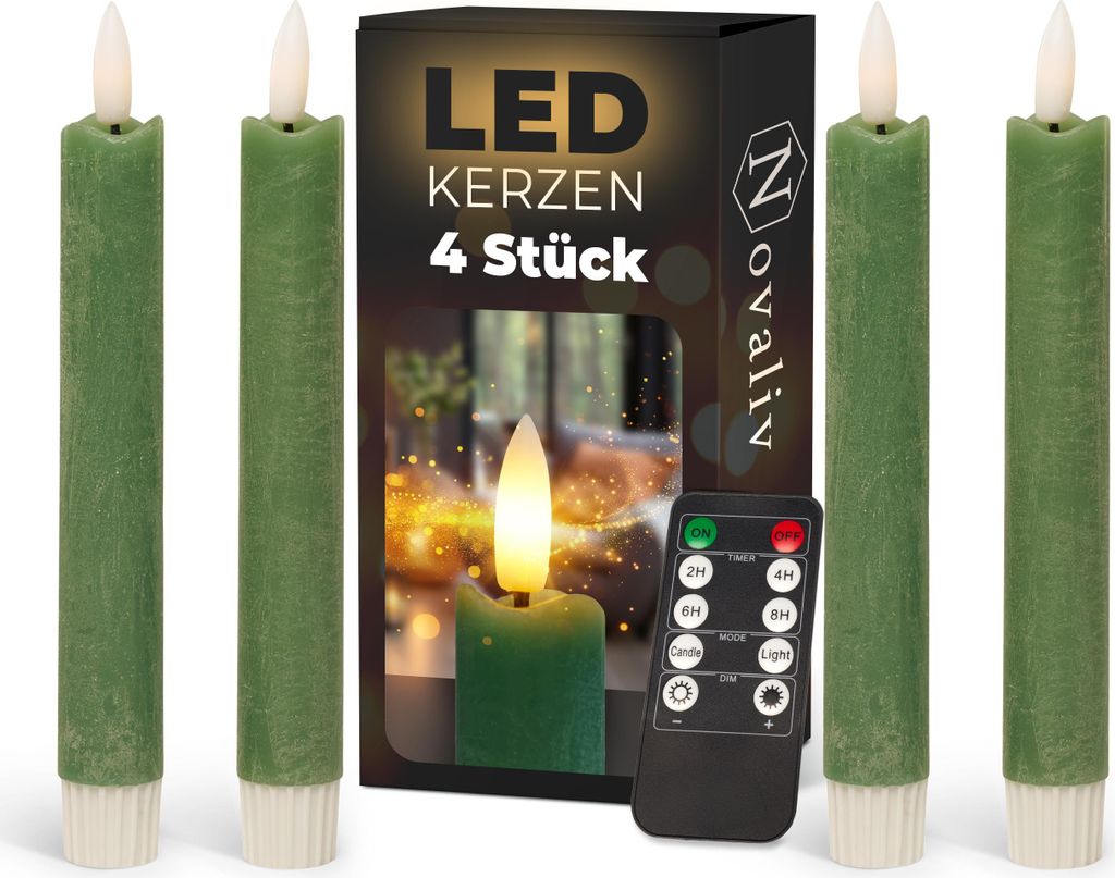Stabkerzen LED mit Timer Grün 4 Stück Grün indoor - 6 Stunden - ECHTWACHS 18cm Höhe für Kerzen 2,2cm Durchmesser 2 AAA Batterien notwendig LED...