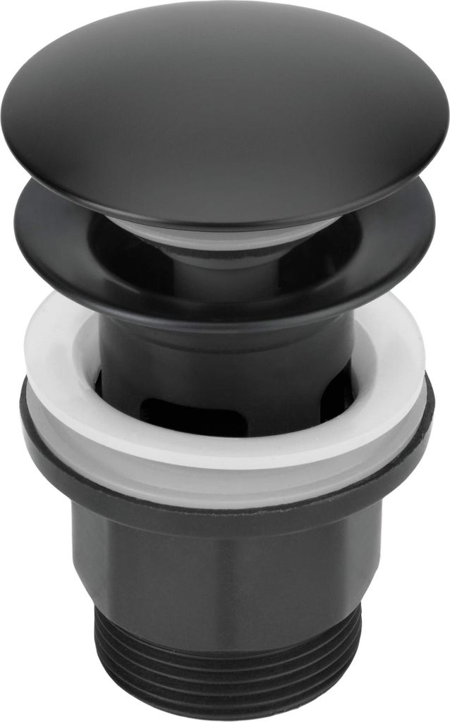 A black click-clack drain stopper for a sink.