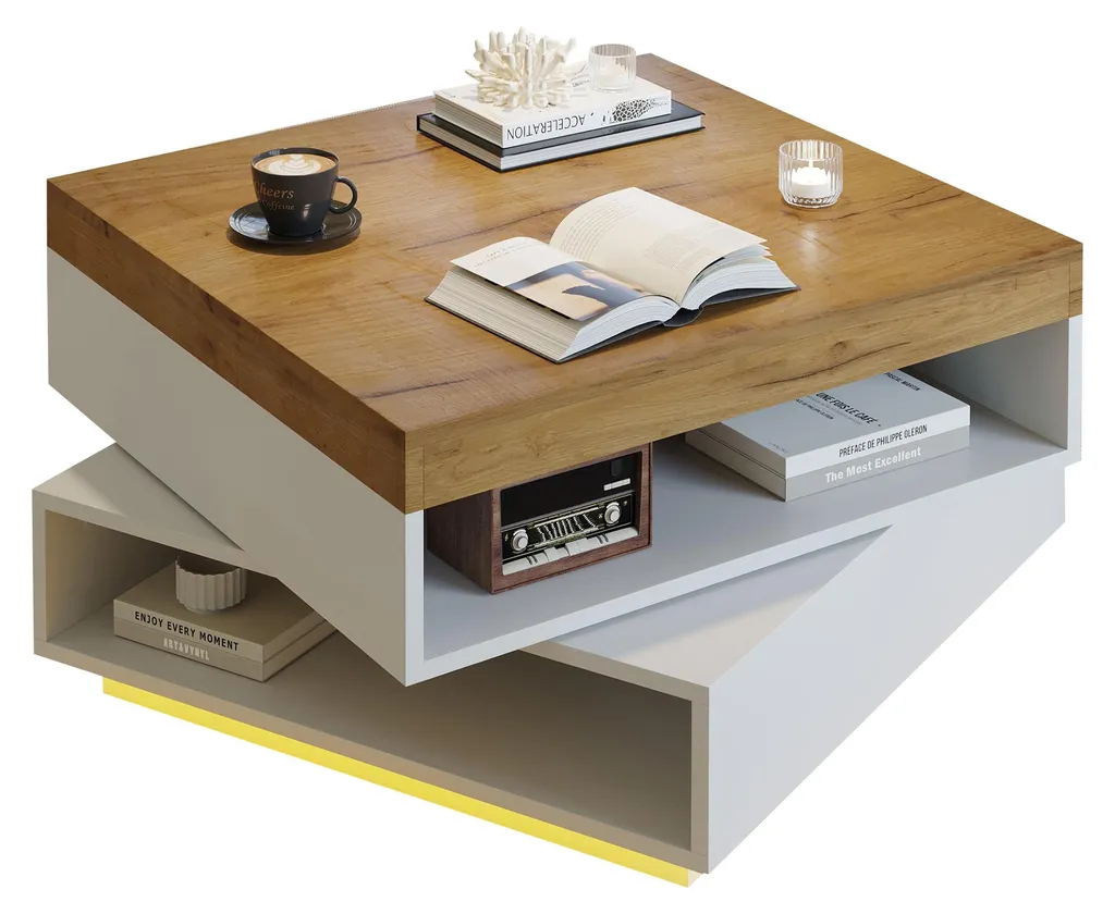 Table basse LED 65x65 chêne blanc pour petit salon - Pivotante