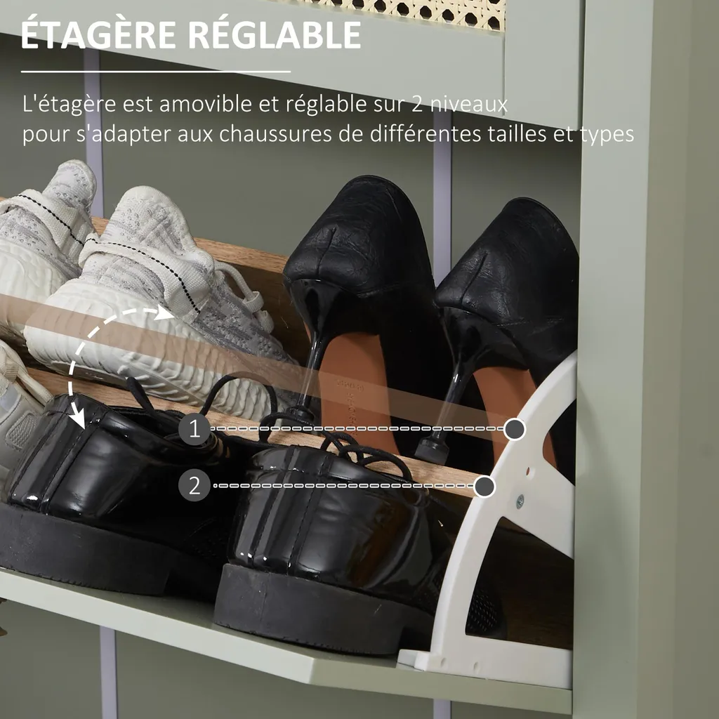 Meuble à chaussures vert d'eau cannage rotin avec 2 étagères mobiles