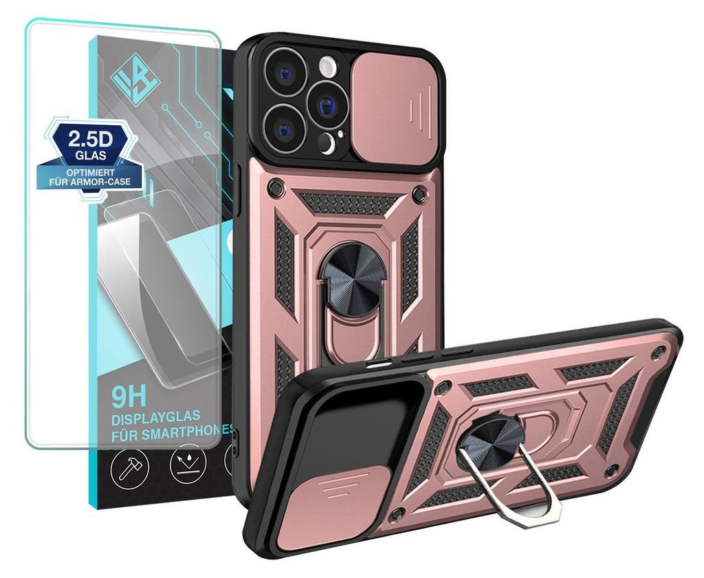 Armor Handyhülle für Apple iPhone 13 Pro Max mit 9H Displayglas Displayschutz Kameraschutz Handy Panzer Case Cover Schutzhülle Outdoor Farbe: Ro...