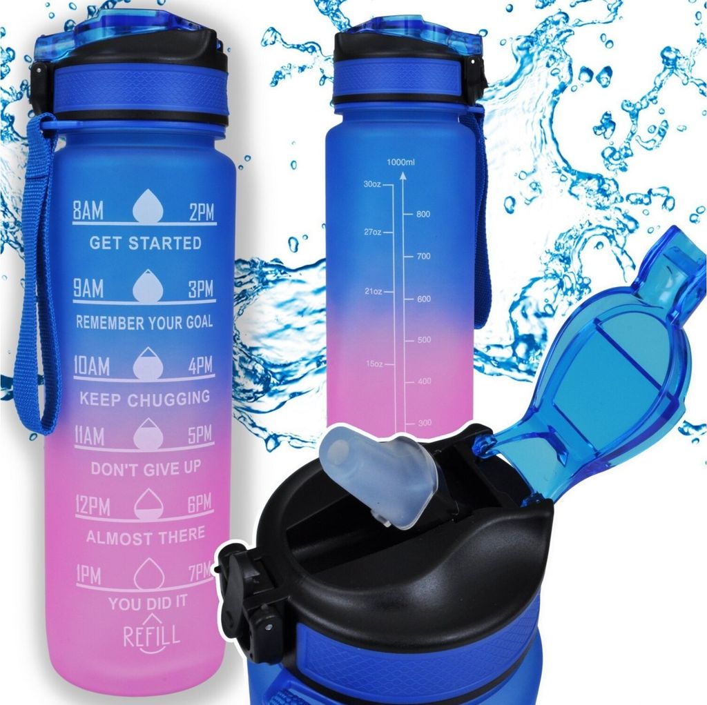 Motivationswasserflasche 1000Ml Bidon Mit Messbecher Fitnessstudio 1L Blau-Rosa