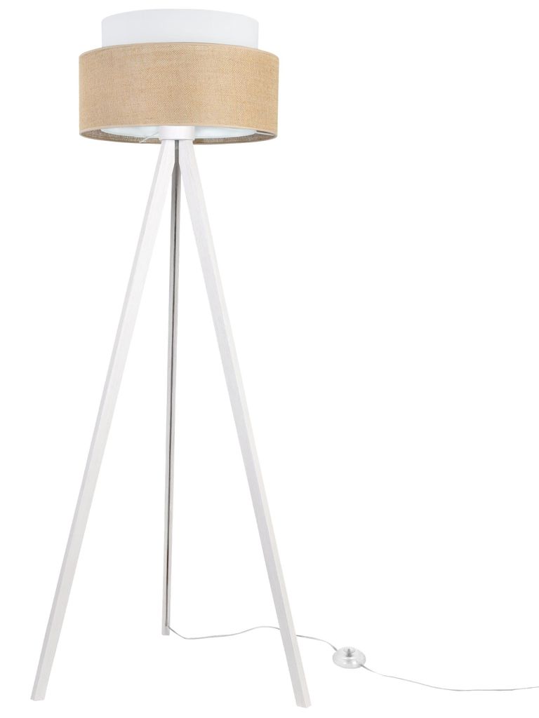 Stehlampe Dreifuß Weiß mit Jute Duo Lampenschirm Weiß-Beige 45 cm E27 – Moderne Standleuchte