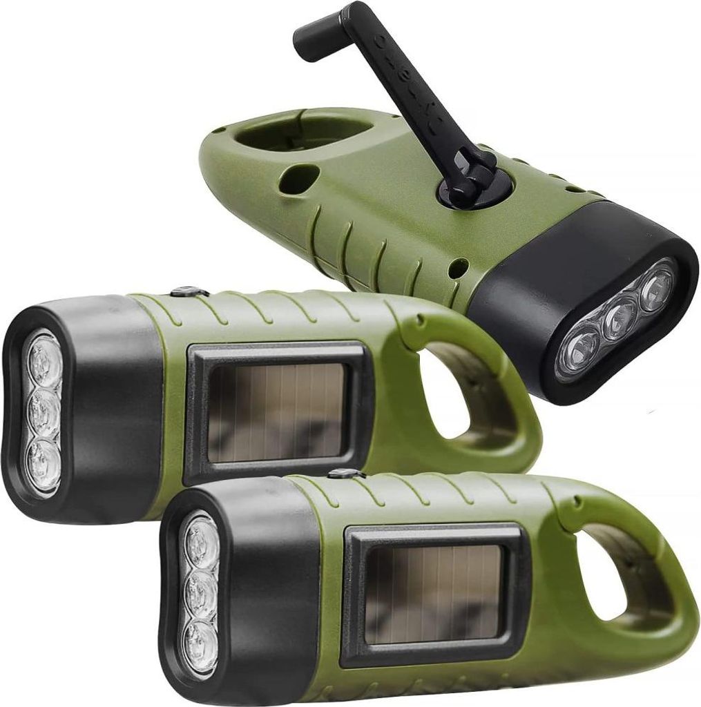 REKALRO LED Hand Crank Rechargeable Torch 3 Pieces, Solar Rechargeable Torch with Hiking Buckle, Dynamo Torch, Torch Crank for Outdoor/Camping/Emer...