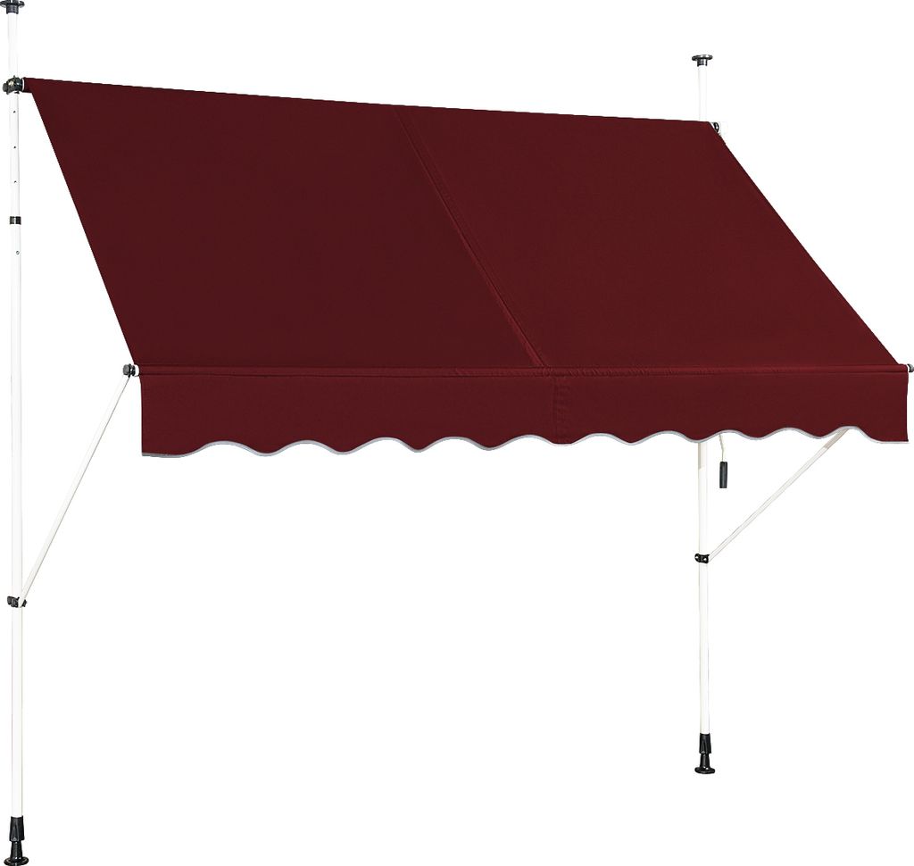 A burgundy awning is shown against a white background, supported by white poles.
