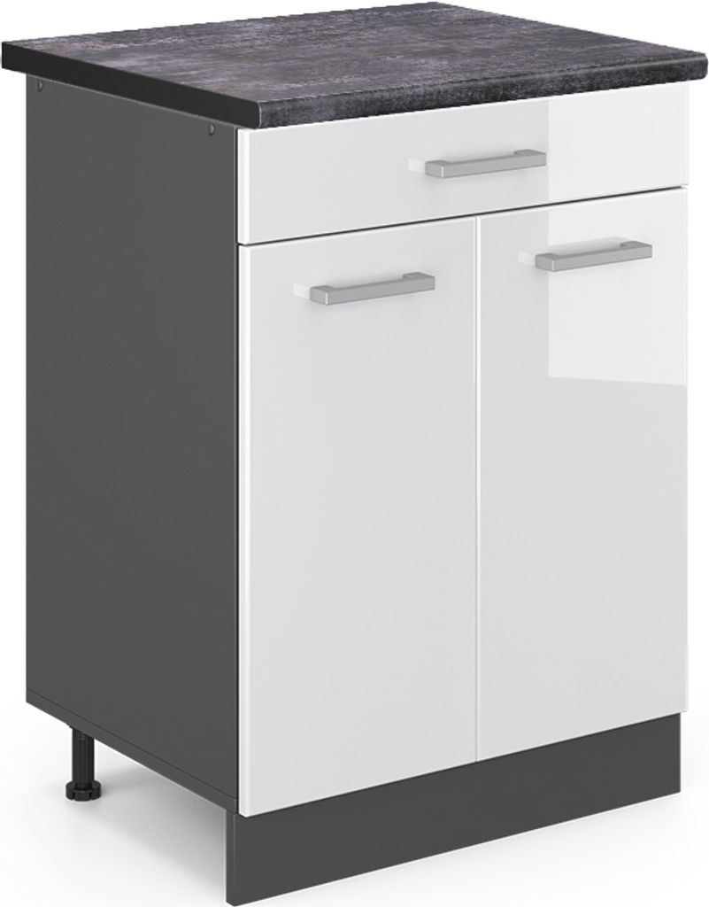 A studio shot of a kitchen base cabinet with a drawer and two doors.