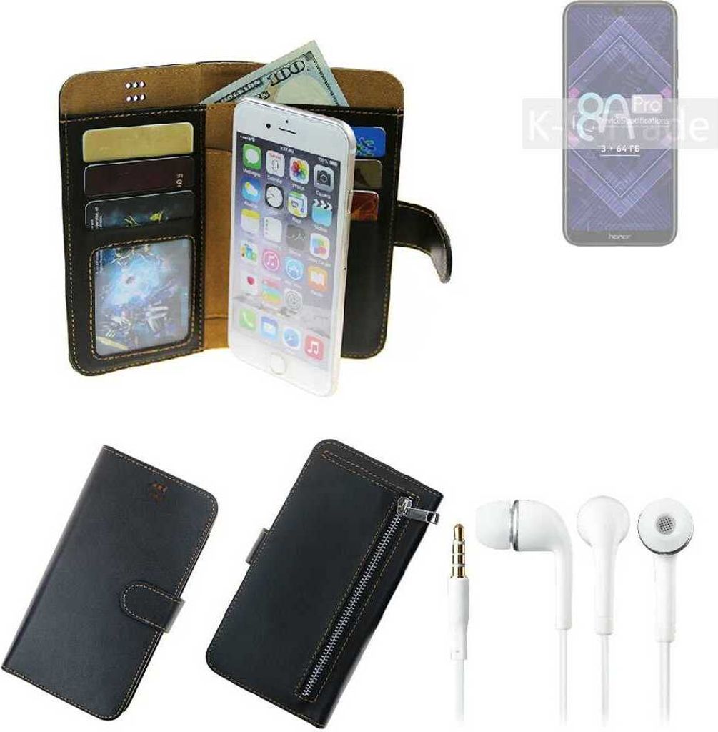 TOP SET Handy Hülle Schutz Hülle kompatibel mit Huawei Honor 8A Pro schwarz aus Kunstleder + Kopfhörer Smartphone Tasche vollwertige Geldbörse