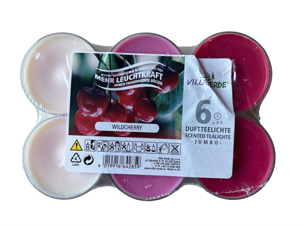 A package of six scented tealight candles with a label showing cherries and product information.