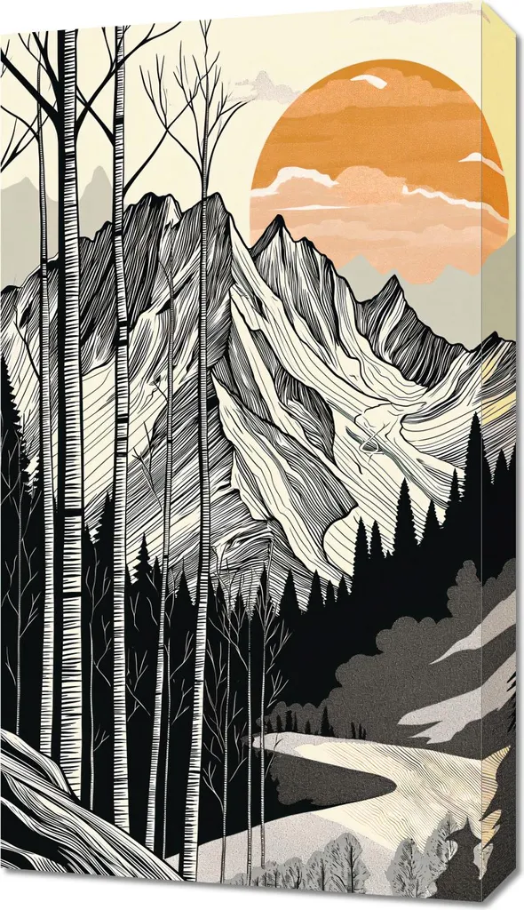 Quadro 40x70 cm Disegno al tratto Montagna
