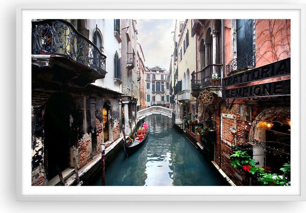 Gerahmtes Poster - Weißer Rahmen - Boot Brücke Tourismus Venedig - 91,5x61 cm - Wand Bild - Wanddeko - Wandbilder - Wandposter - Bilderrahmen - B...