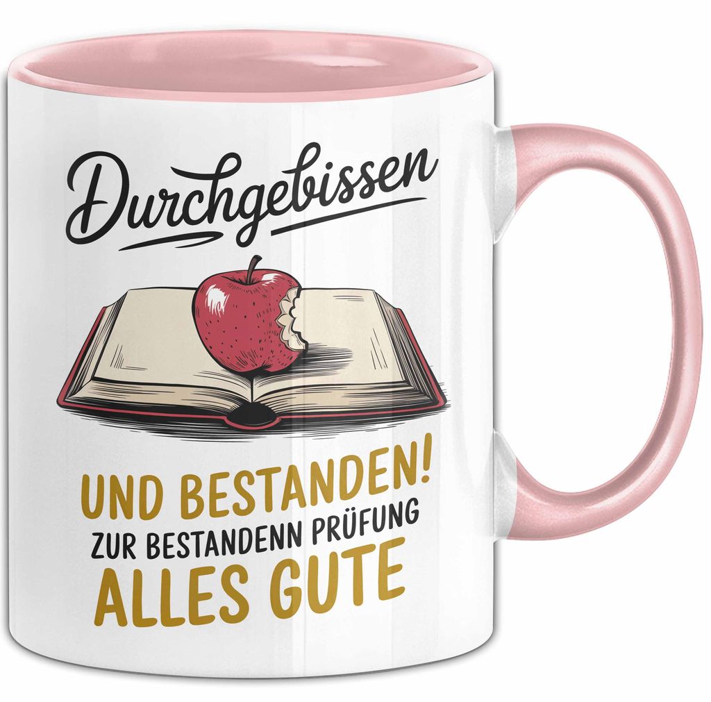 Schüler Abschluss Tasse Geschenk Lustige Geschenkidee Spruch Durchgebissen Und Bestanden (Rosa)
