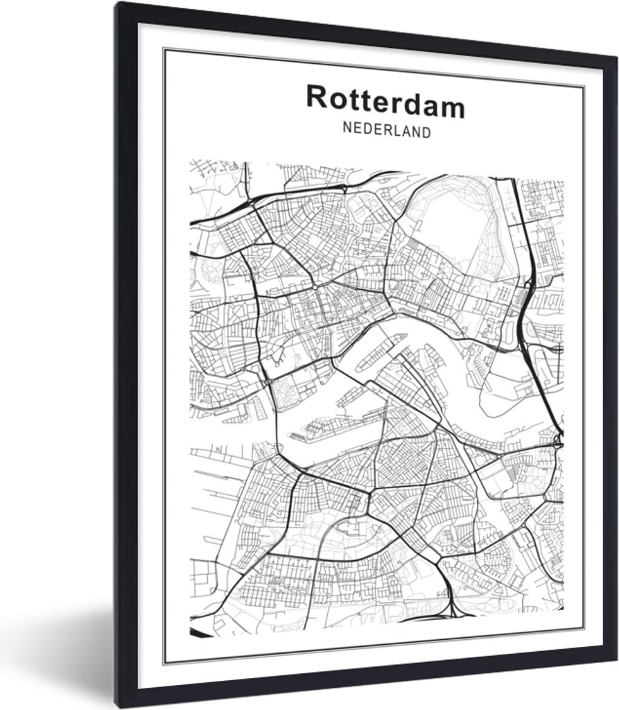 MuchoWow Gerahmtes Poster Stadtplan - Rotterdam - Schwarz und Weiß 60x80 cm - Poster mit Schwarzem Bilderrahmen Wandposter Rahmen Foto Bilder - ...