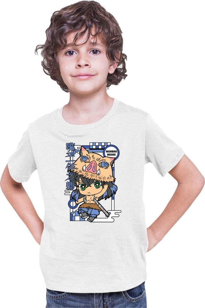 Kinder T-Shirt Demon Anime Slayer Kimetsu No Yaiba Chibi Inosuke Hashibira, 12-13 Jahr - 152 / Weiß